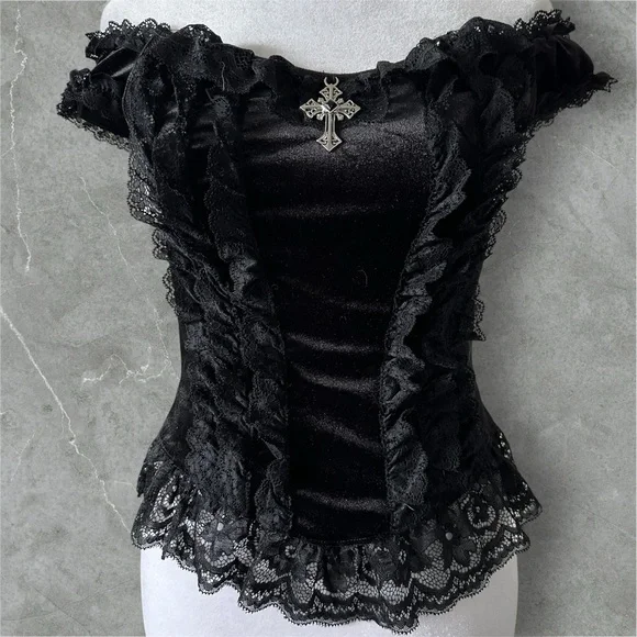 ROMWE Goth Gothic Palace Style Cross Lace Trim Velvet Off Shoulder Top Sz. M - Picture 1 of 13